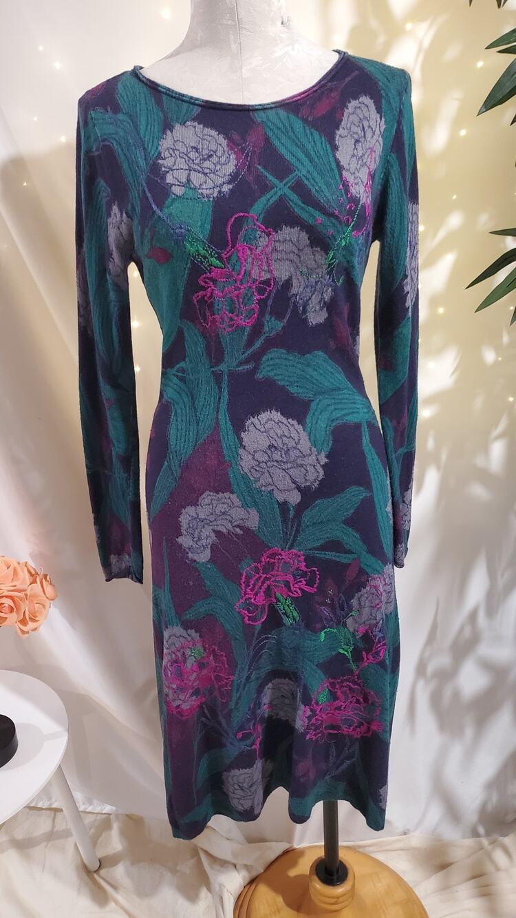 White Stuff Embroidered Floral Knit Wool Cashmere Sweater Midi Dress Size 10
